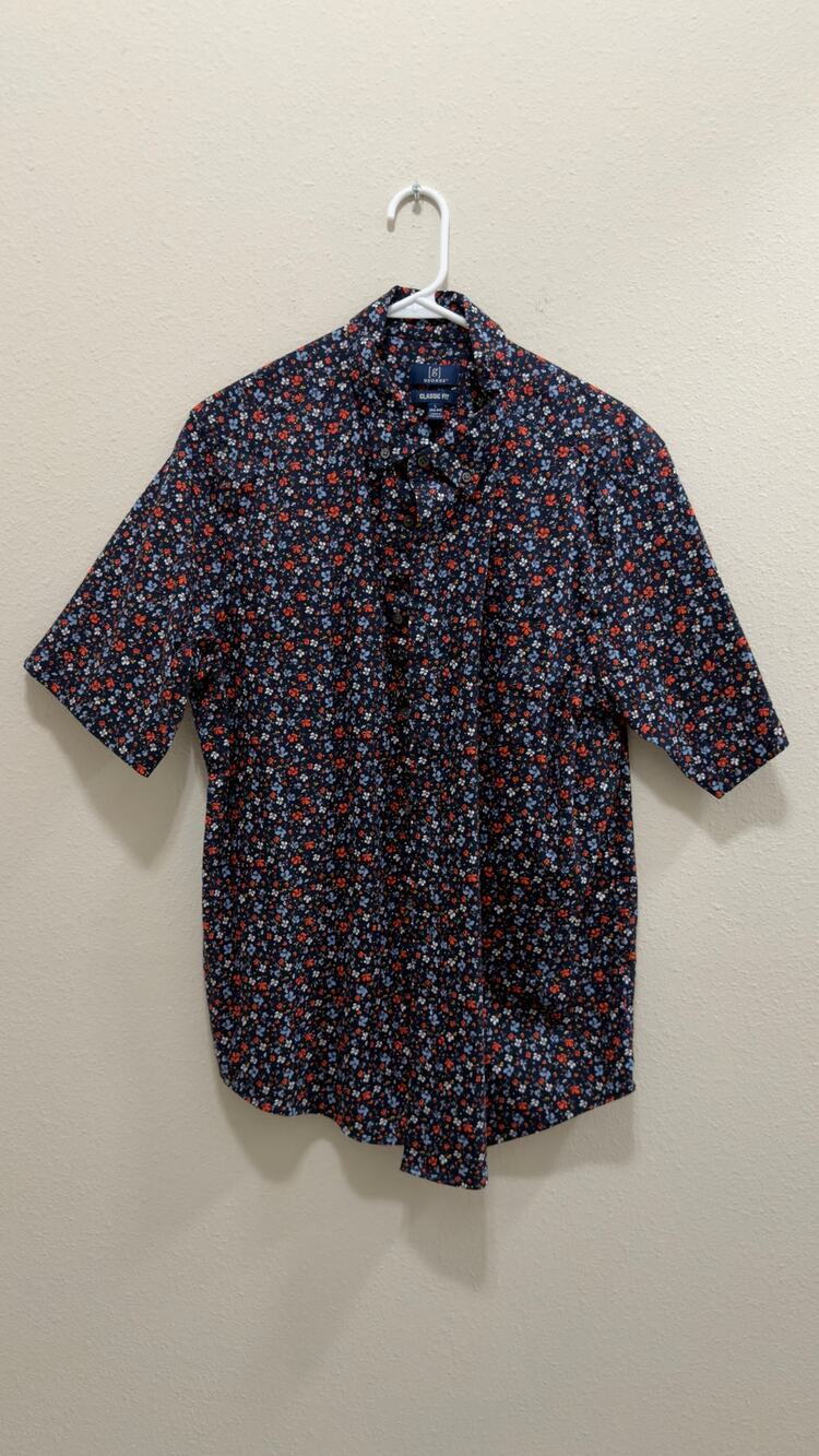 George Men's Classic Fit Poplin Short Sleeve Floral Button-Down Shirt Large